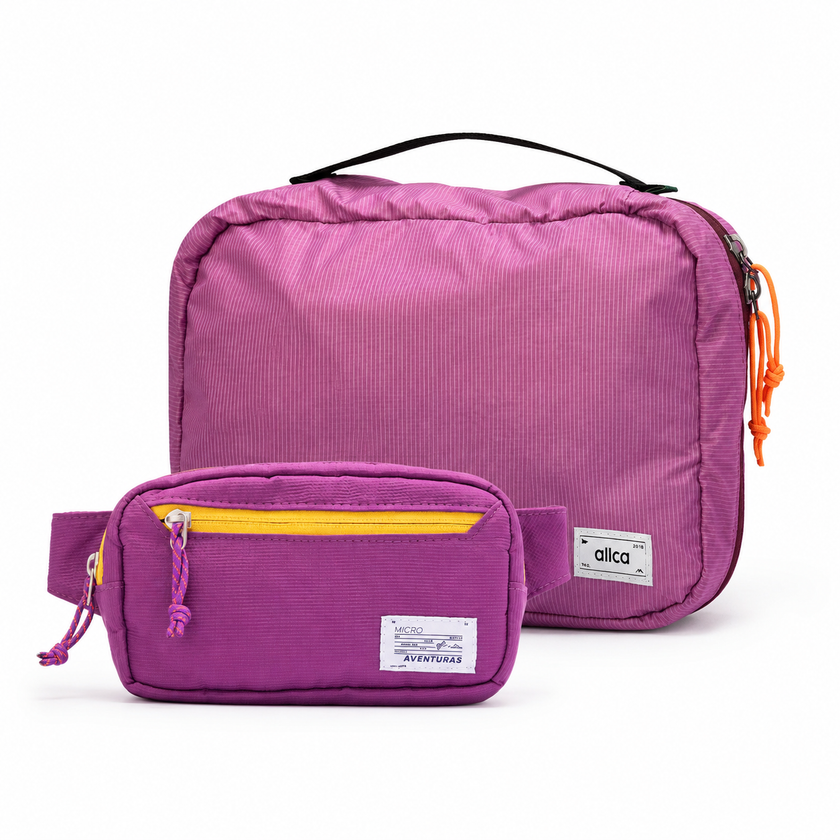 Kit Carry-on Allca Allcatrazes x The summer hunter na cor roxa, necessaire rosa e pochete roxa com cabo nautico em tecido hidrorrepelente - vista frontal das duas pecas