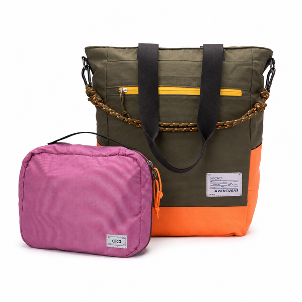 Kit Bagagem de Mão x The Summer Hunter: Tote verde e laranja com Nécessaire rosa da Allca