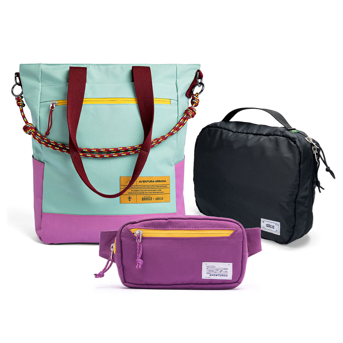 Kit Aerolook com Tote Brasco Azul Respiro, Pochete The Summer Hunter Roxo Viagem e Nécessaire Hotel preta fechada da Allcatrazes