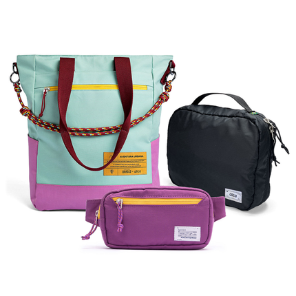 Kit Aerolook com Tote Brasco Azul Respiro, Pochete The Summer Hunter Roxo Viagem e Nécessaire Hotel preta fechada da Allcatrazes
