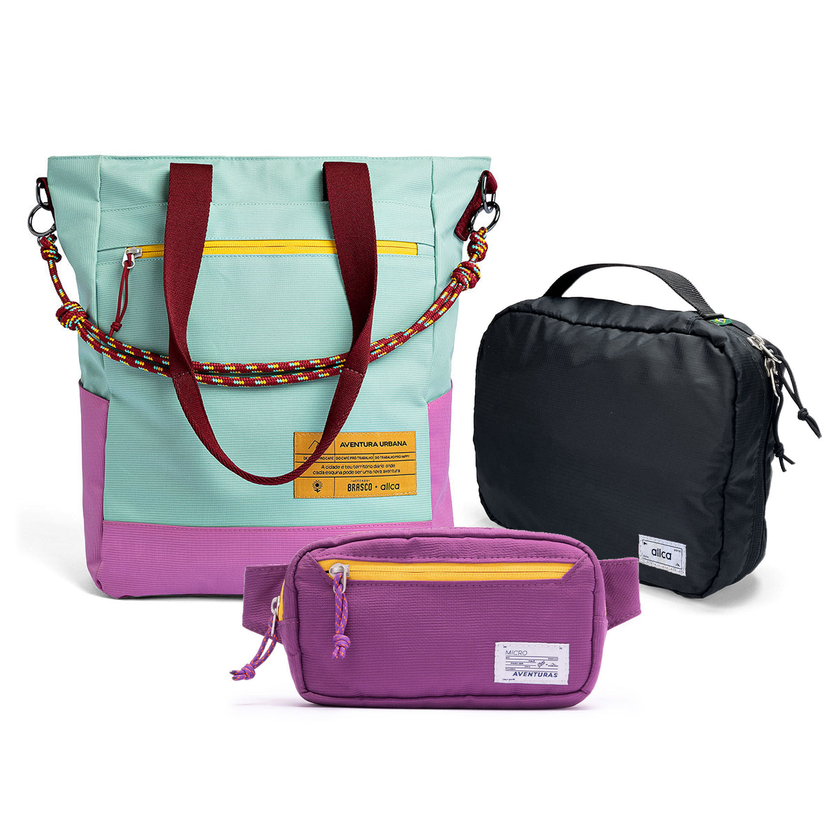 Kit Aerolook com Tote Brasco Azul Respiro, Pochete The Summer Hunter Roxo Viagem e Nécessaire Hotel preta fechada da Allcatrazes