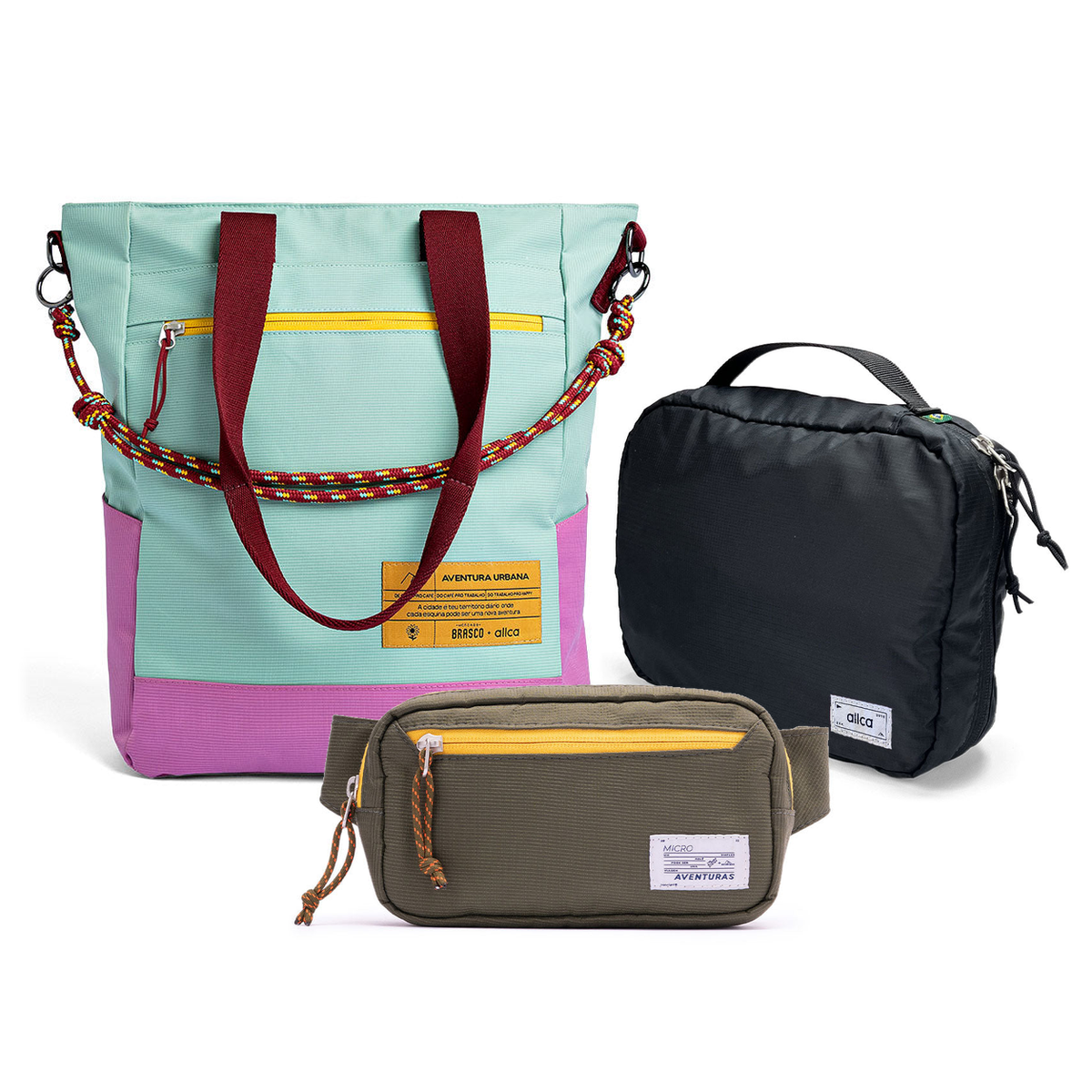 Kit Aerolook com Tote Brasco Azul Respiro, Pochete The Summer Hunter Verde Cachoeira e Nécessaire Hotel preta fechada da Allcatrazes
