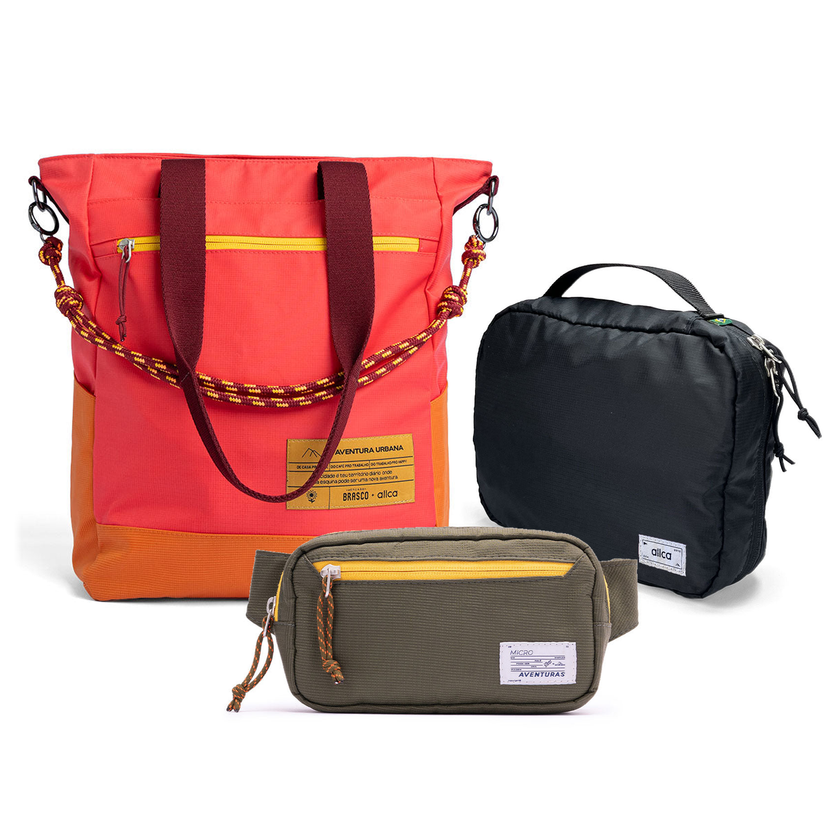 Kit Aerolook com Tote Brasco Coral Esquina, Pochete The Summer Hunter Verde Cachoeira e Nécessaire Hotel preta fechada da Allcatrazes