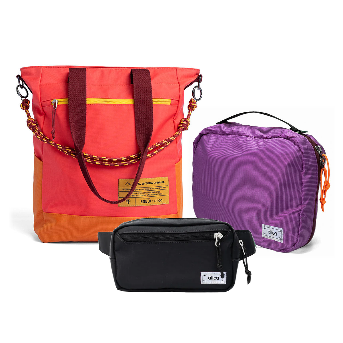 Kit Aerolook - Tote Brasco + Pochete Eclipse, Coral Esquina e Preta, Nécessaire Hotel Roxa da Allcatrazes
