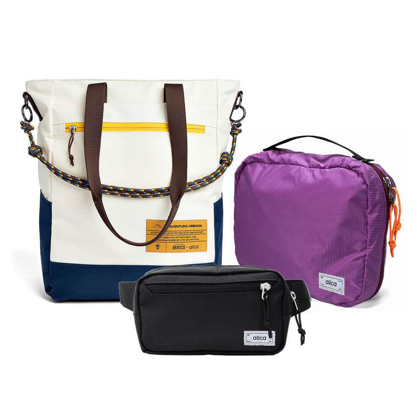 Kit Aerolook - Tote Brasco + Pochete Eclipse, Off White Encontro e Preta, Nécessaire Hotel Roxa da Allcatrazes