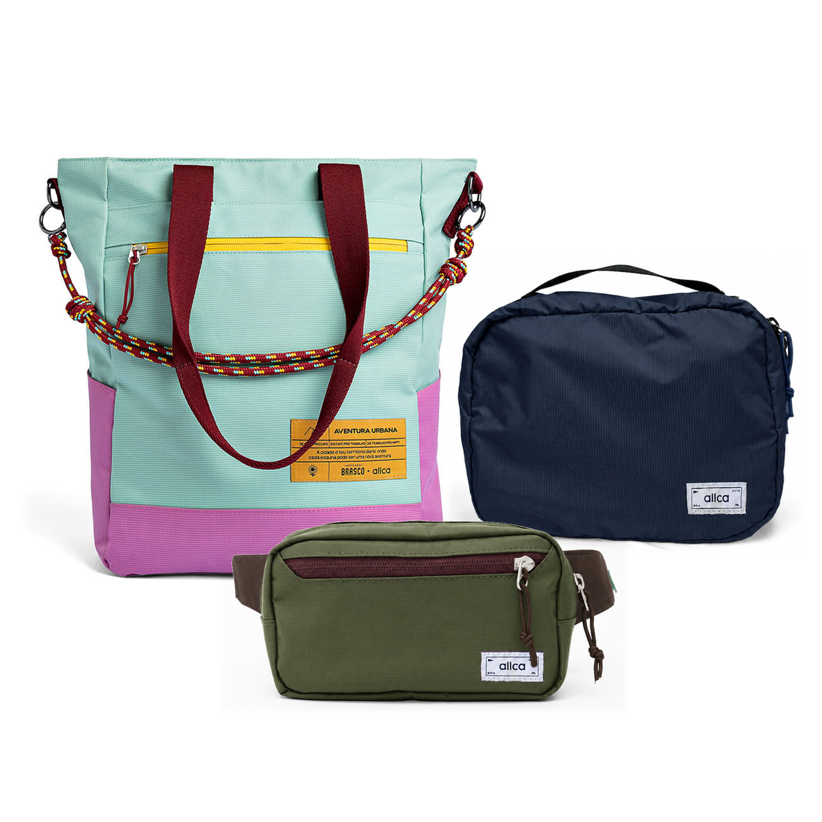 Kit Aerolook - Tote Brasco + Pochete Minuano, Azul Respiro e Verde Araucária, Nécessaire Hotel Azul Aurora da Allcatrazes