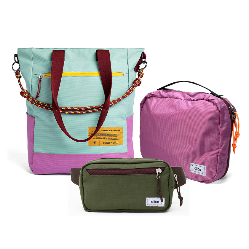 Kit Aerolook - Tote Brasco + Pochete Minuano, Azul Respiro e Verde Araucária, Nécessaire Hotel Rosa da Allcatrazes