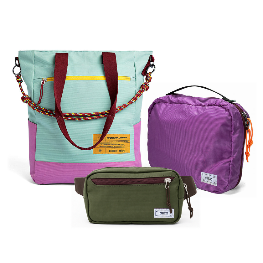 Kit Aerolook - Tote Brasco + Pochete Minuano, Azul Respiro e Verde Araucária, Nécessaire Hotel Roxa da Allcatrazes