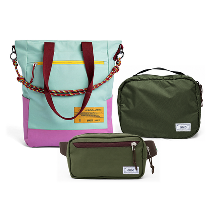 Kit Aerolook - Tote Brasco + Pochete Minuano, Azul Respiro e Verde Araucária, Nécessaire Hotel Verde Araucária da Allcatrazes