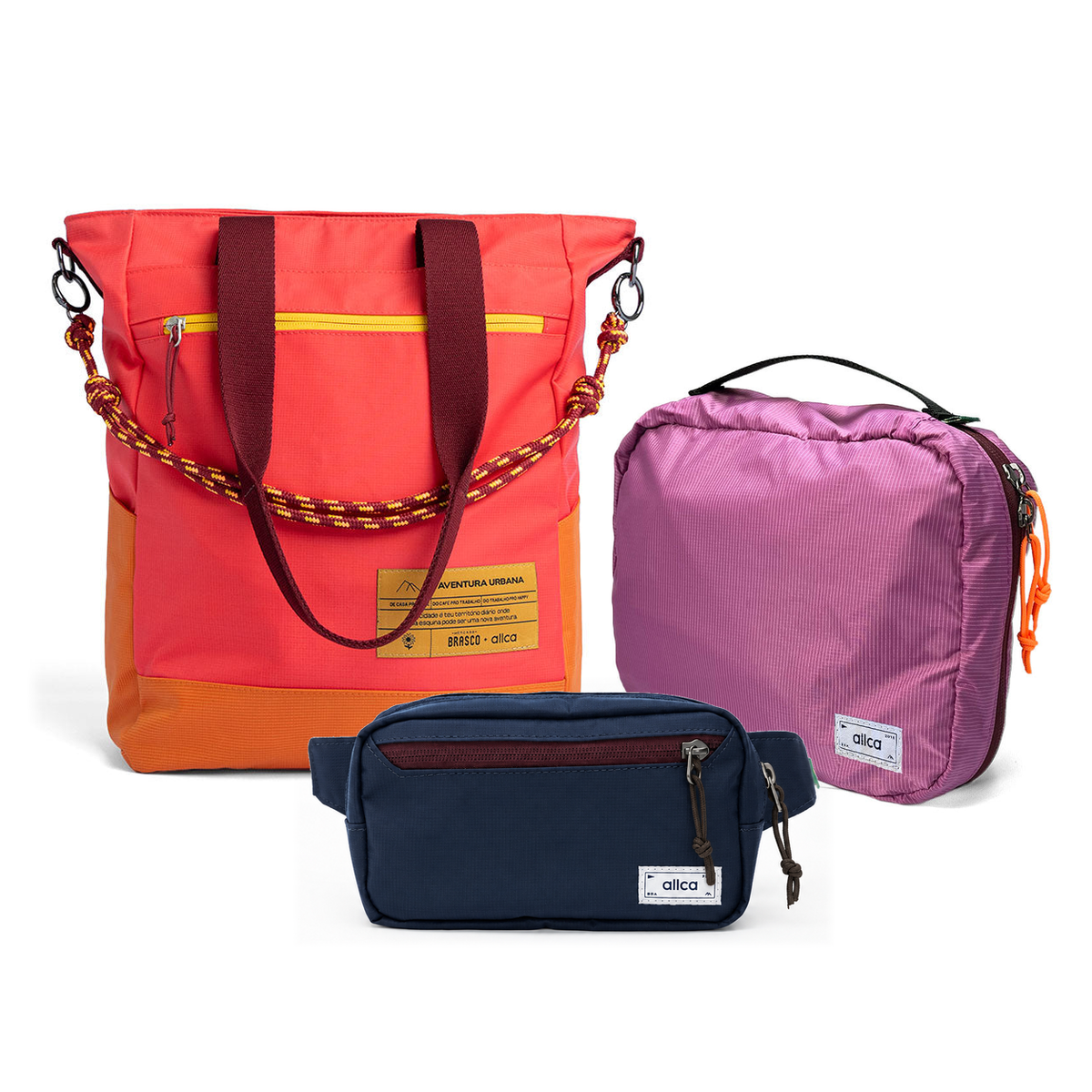 Kit Aerolook - Tote Brasco + Pochete Minuano, Coral Esquina e Azul Aurora, Nécessaire Hotel Rosa da Allcatrazes
