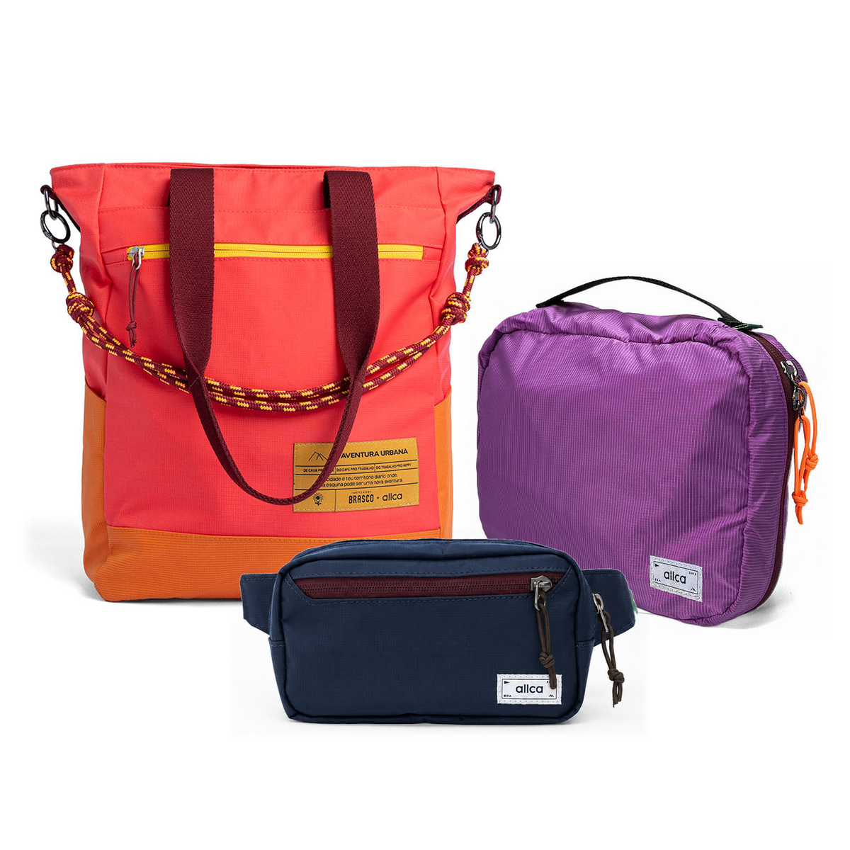 Kit Aerolook - Tote Brasco + Pochete Minuano, Coral Esquina e Azul Aurora, Nécessaire Hotel Roxa da Allcatrazes