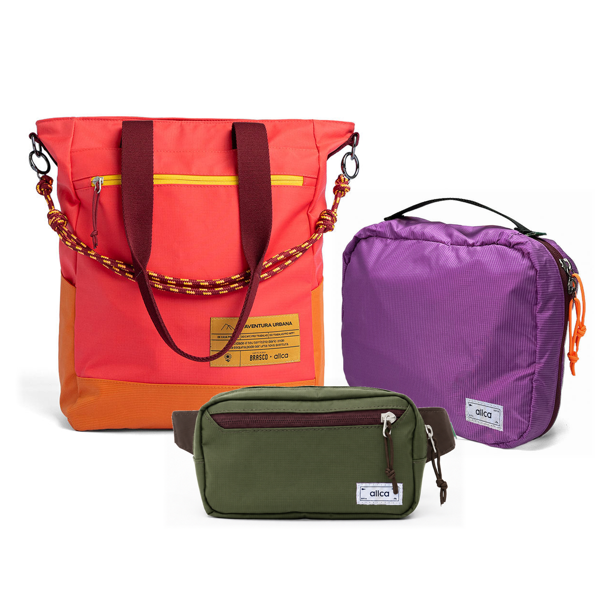 Kit Aerolook - Tote Brasco + Pochete Minuano, Coral Esquina e Verde Araucária, Nécessaire Hotel Roxa da Allcatrazes