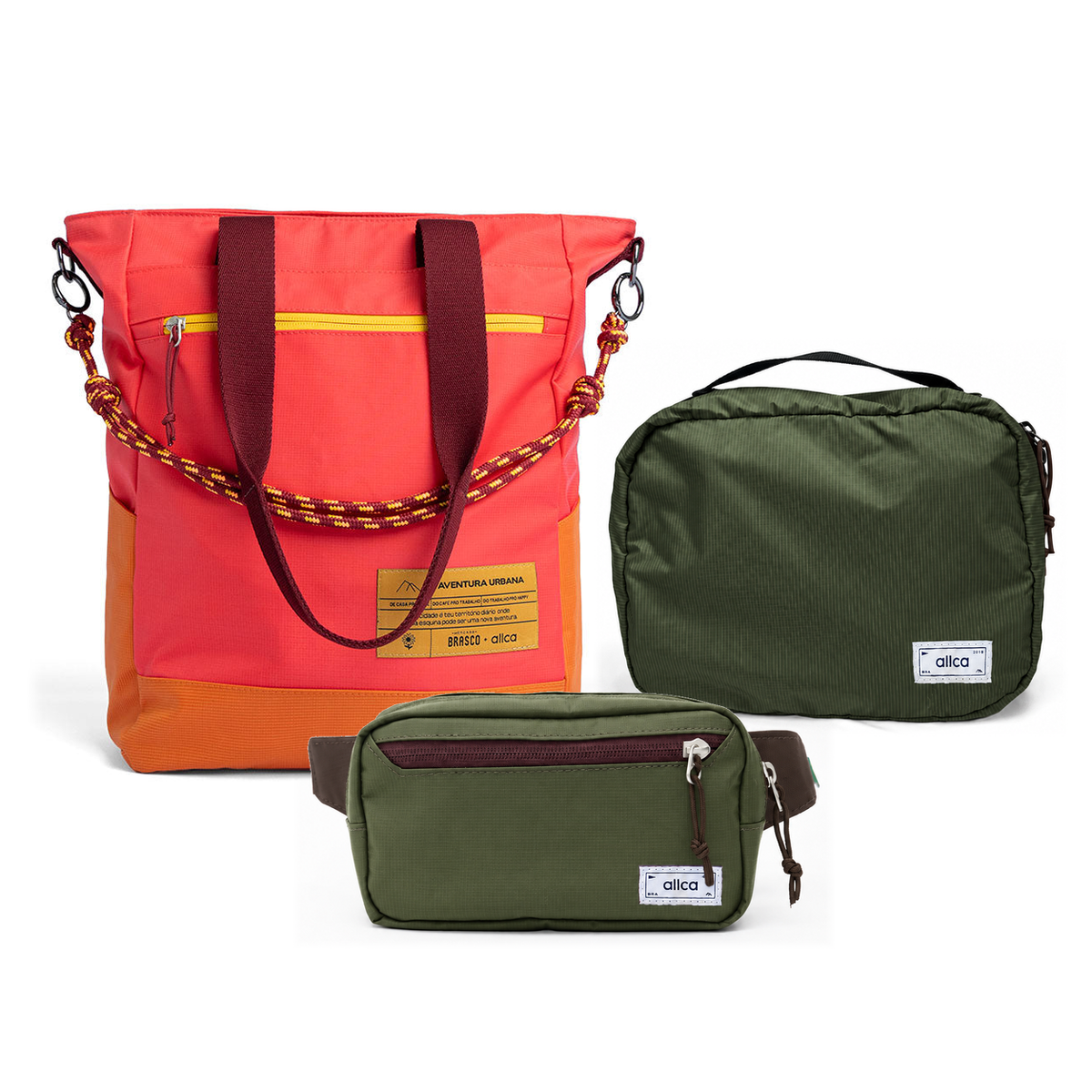 Kit Aerolook - Tote Brasco + Pochete Minuano, Coral Esquina e Verde Araucária, Nécessaire Hotel Verde Araucária da Allcatrazes