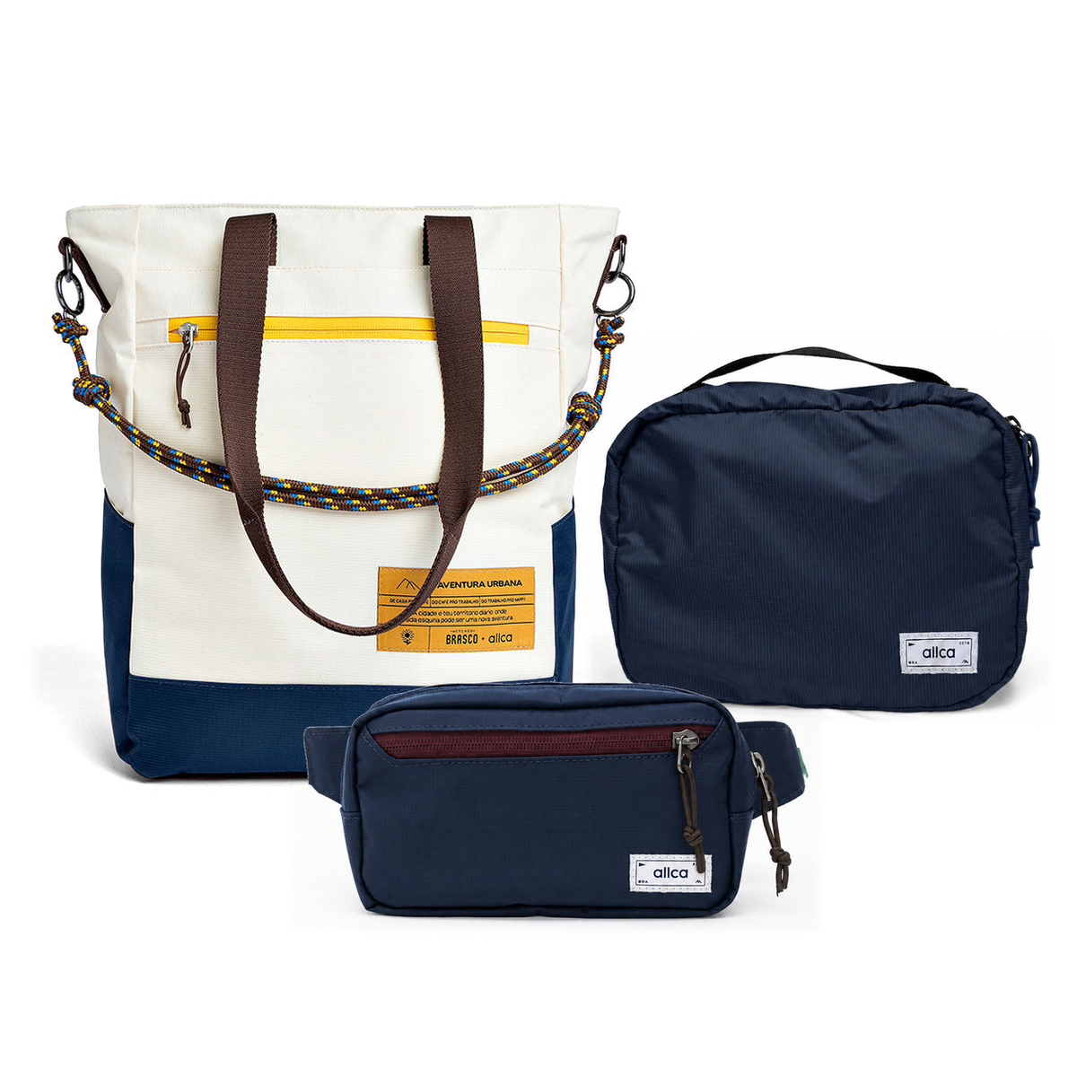 Kit Aerolook - Tote Brasco + Pochete Minuano, Off White Encontro e Azul Aurora, Nécessaire Hotel Azul Aurora da Allcatrazes