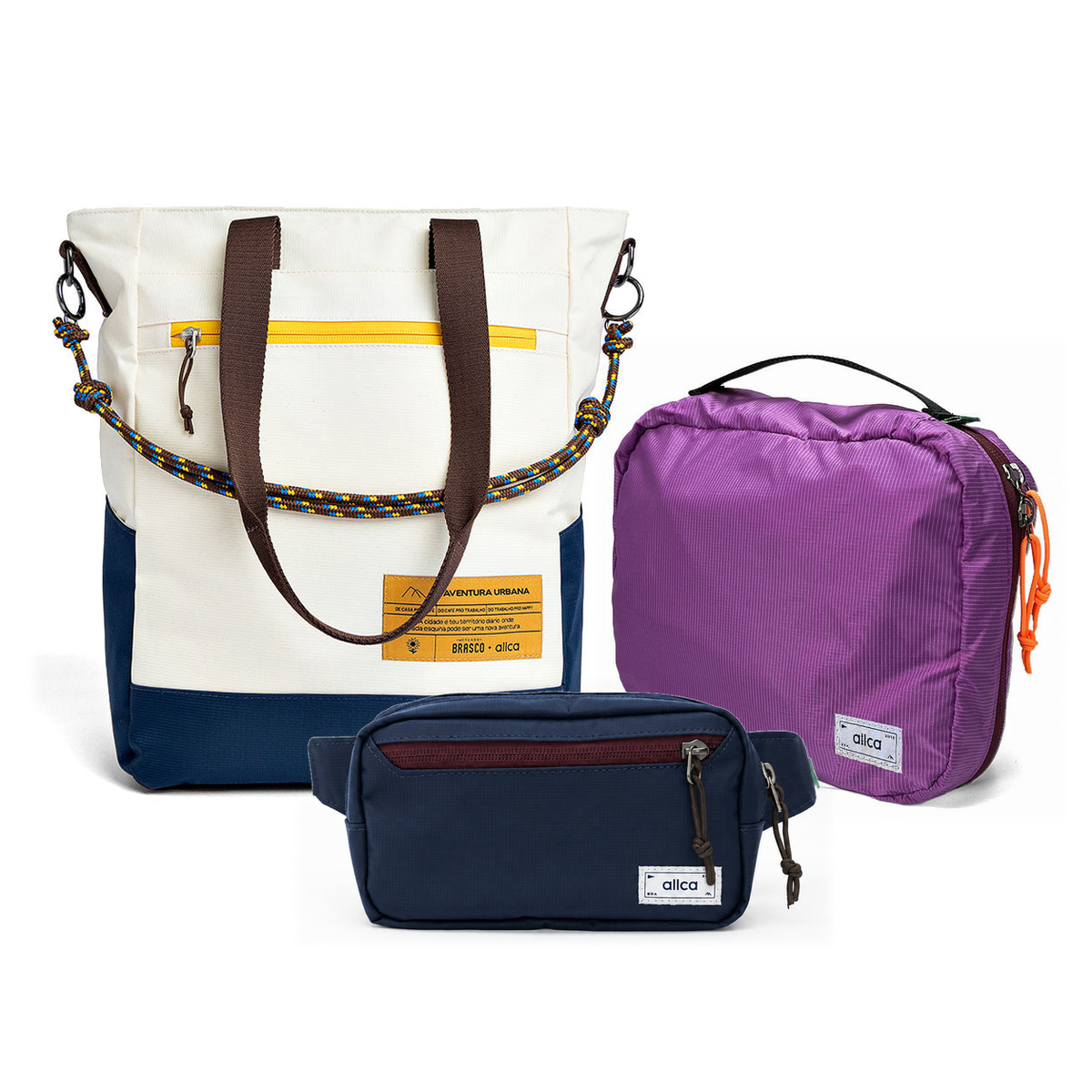 Kit Aerolook - Tote Brasco + Pochete Minuano, Off White Encontro e Azul Aurora, Nécessaire Hotel Roxa da Allcatrazes