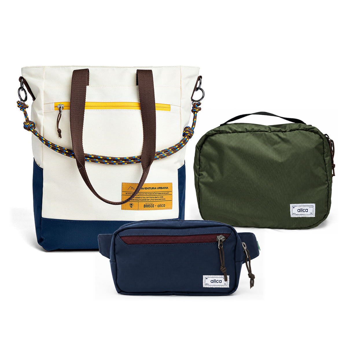 Kit Aerolook - Tote Brasco + Pochete Minuano, Off White Encontro e Azul Aurora, Nécessaire Hotel Verde Araucária da Allcatrazes