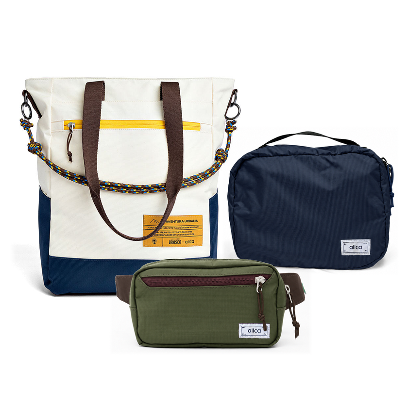 Kit Aerolook - Tote Brasco + Pochete Minuano, Off White Encontro e Verde Araucária, Nécessaire Hotel Azul Aurora da Allcatrazes