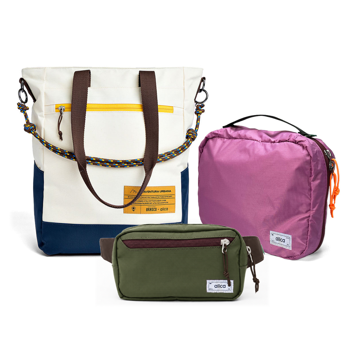 Kit Aerolook - Tote Brasco + Pochete Minuano, Off White Encontro e Verde Araucária, Nécessaire Hotel Rosa da Allcatrazes