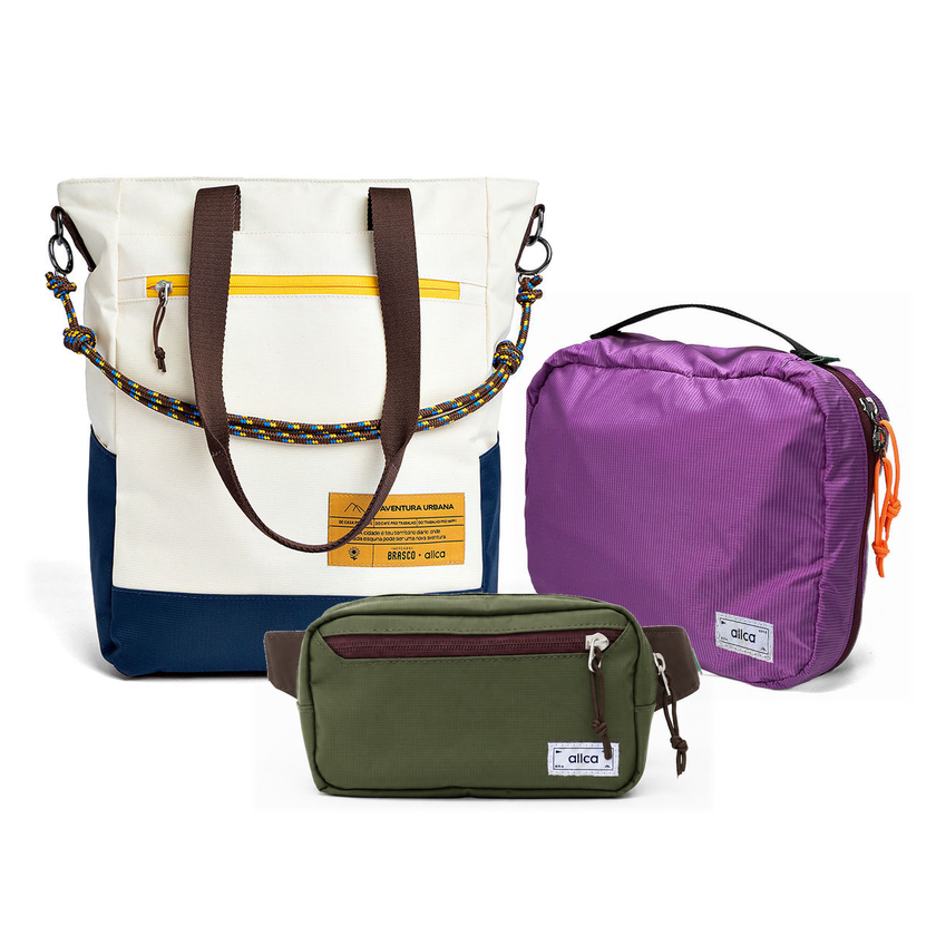 Kit Aerolook - Tote Brasco + Pochete Minuano, Off White Encontro e Verde Araucária, Nécessaire Hotel Roxa da Allcatrazes