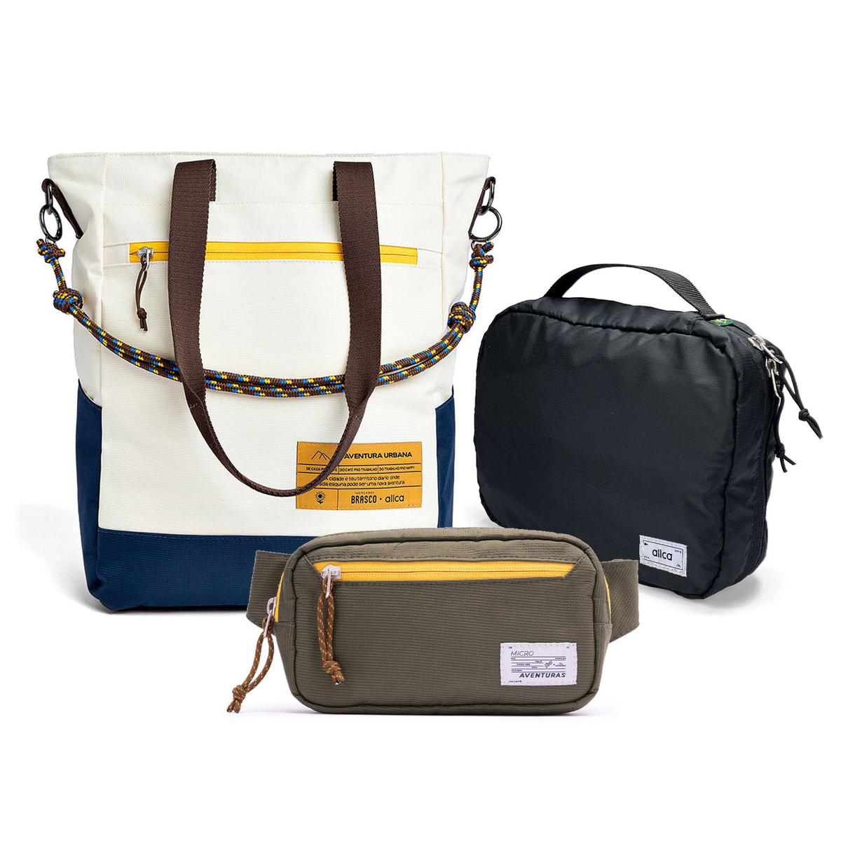 Kit Aerolook com Tote Brasco Off White Encontro, Pochete The Summer Hunter Verde Cachoeira e Nécessaire Hotel preta fechada da Allcatrazes