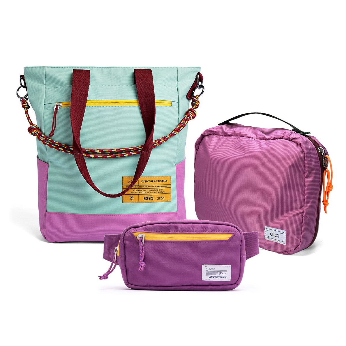 Kit Aerolook - Tote Brasco + Pochete The Summer Hunter, Azul Respiro e Roxo Viagem, Nécessaire Hotel Rosa da Allcatrazes