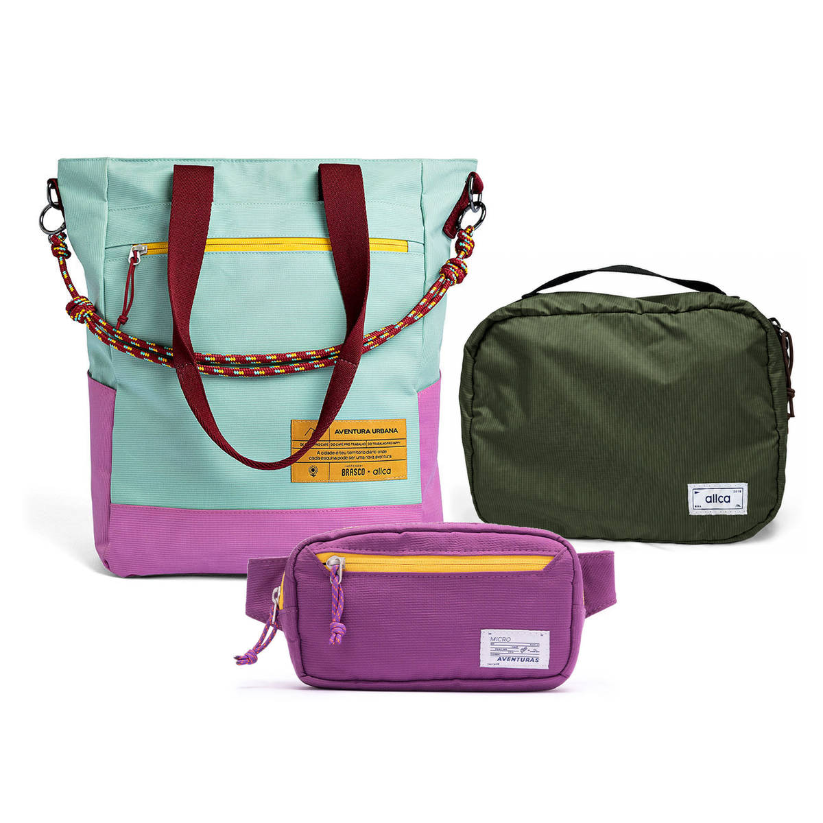 Kit Aerolook - Tote Brasco + Pochete The Summer Hunter, Azul Respiro e Roxo Viagem, Nécessaire Hotel Verde Araucária da Allcatrazes