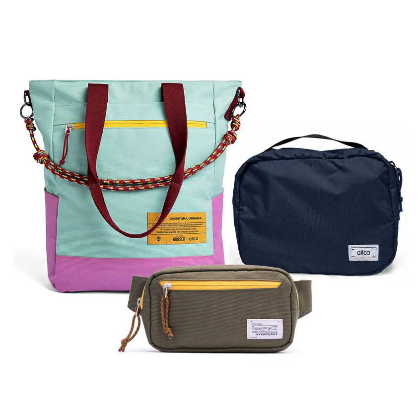 Kit Aerolook - Tote Brasco + Pochete The Summer Hunter, Azul Respiro e Verde Cachoeira, Nécessaire Hotel Azul Aurora da Allcatrazes