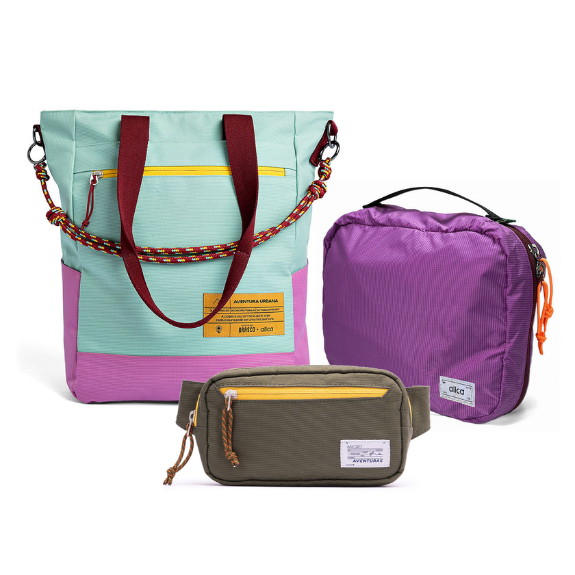 Kit Aerolook - Tote Brasco + Pochete The Summer Hunter, Azul Respiro e Verde Cachoeira, Nécessaire Hotel Roxa da Allcatrazes