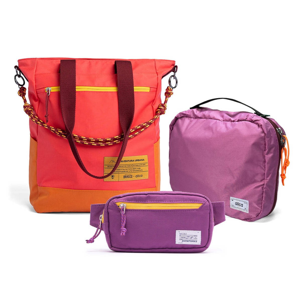 Kit Aerolook - Tote Brasco + Pochete The Summer Hunter, Coral Esquina e Roxo Viagem, Nécessaire Hotel Rosa da Allcatrazes