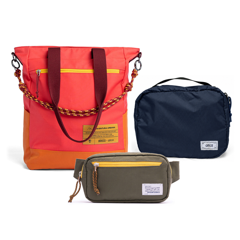 Kit Aerolook - Tote Brasco + Pochete The Summer Hunter, Coral Esquina e Verde Cachoeira, Nécessaire Hotel Azul Aurora da Allcatrazes