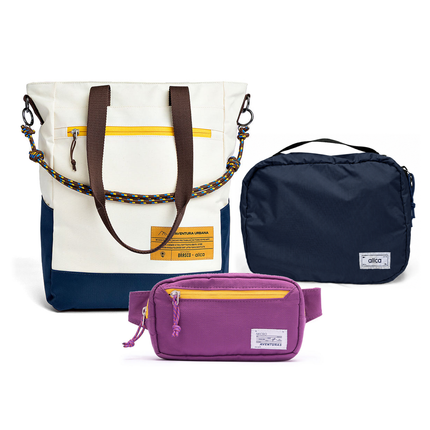Kit Aerolook - Tote Brasco + Pochete The Summer Hunter, Off White Encontro e Roxo Viagem, Nécessaire Hotel Azul Aurora da Allcatrazes