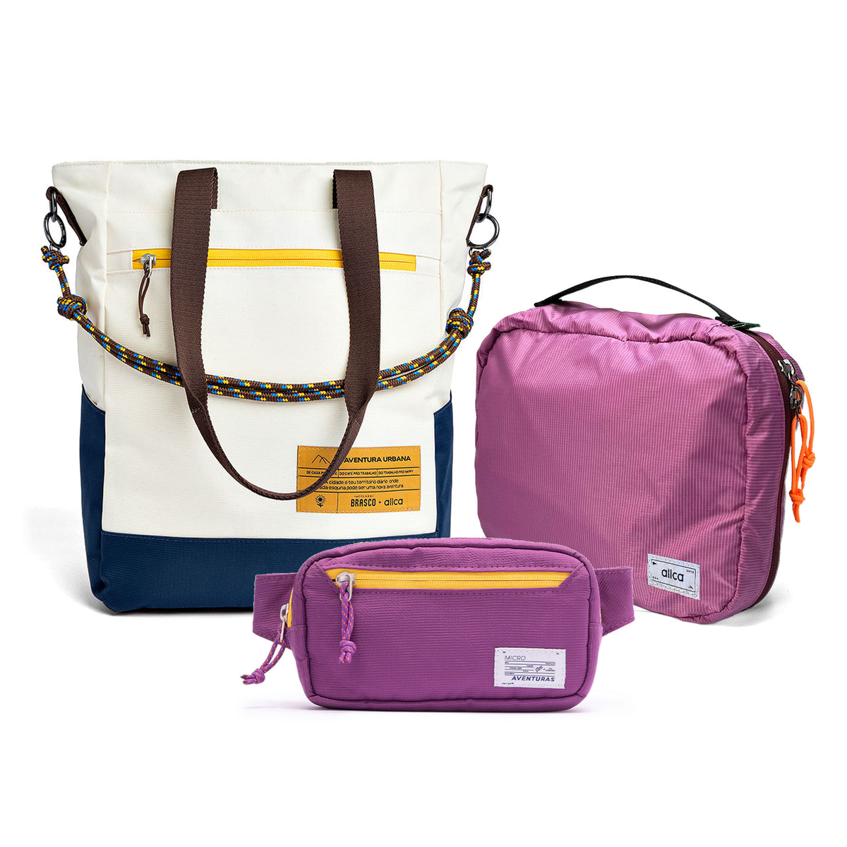 Kit Aerolook - Tote Brasco + Pochete The Summer Hunter, Off White Encontro e Roxo Viagem, Nécessaire Hotel Rosa da Allcatrazes