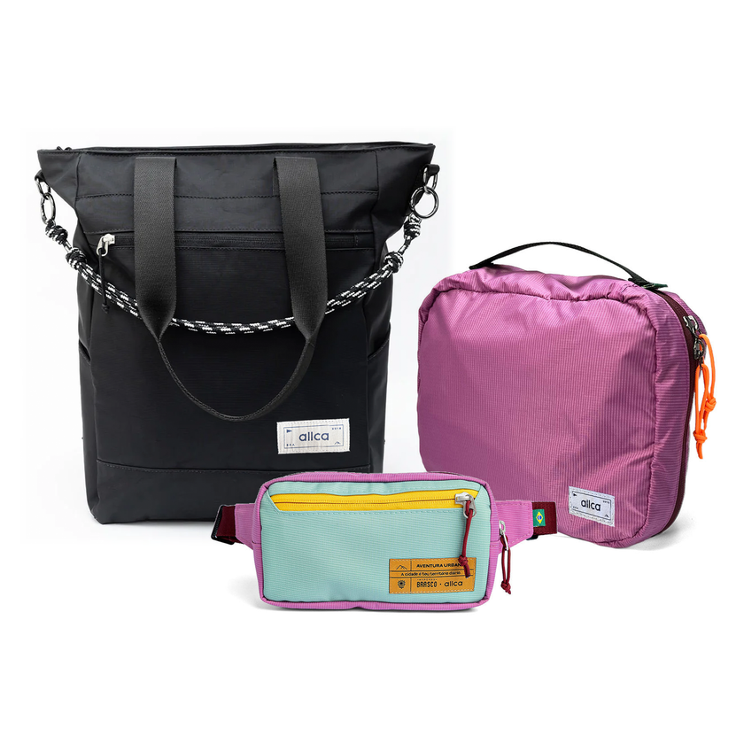 Kit Aerolook - Tote Eclipse + Pochete Brasco, Preto Infinito e Azul Respiro, Nécessaire Hotel Rosa da Allcatrazes