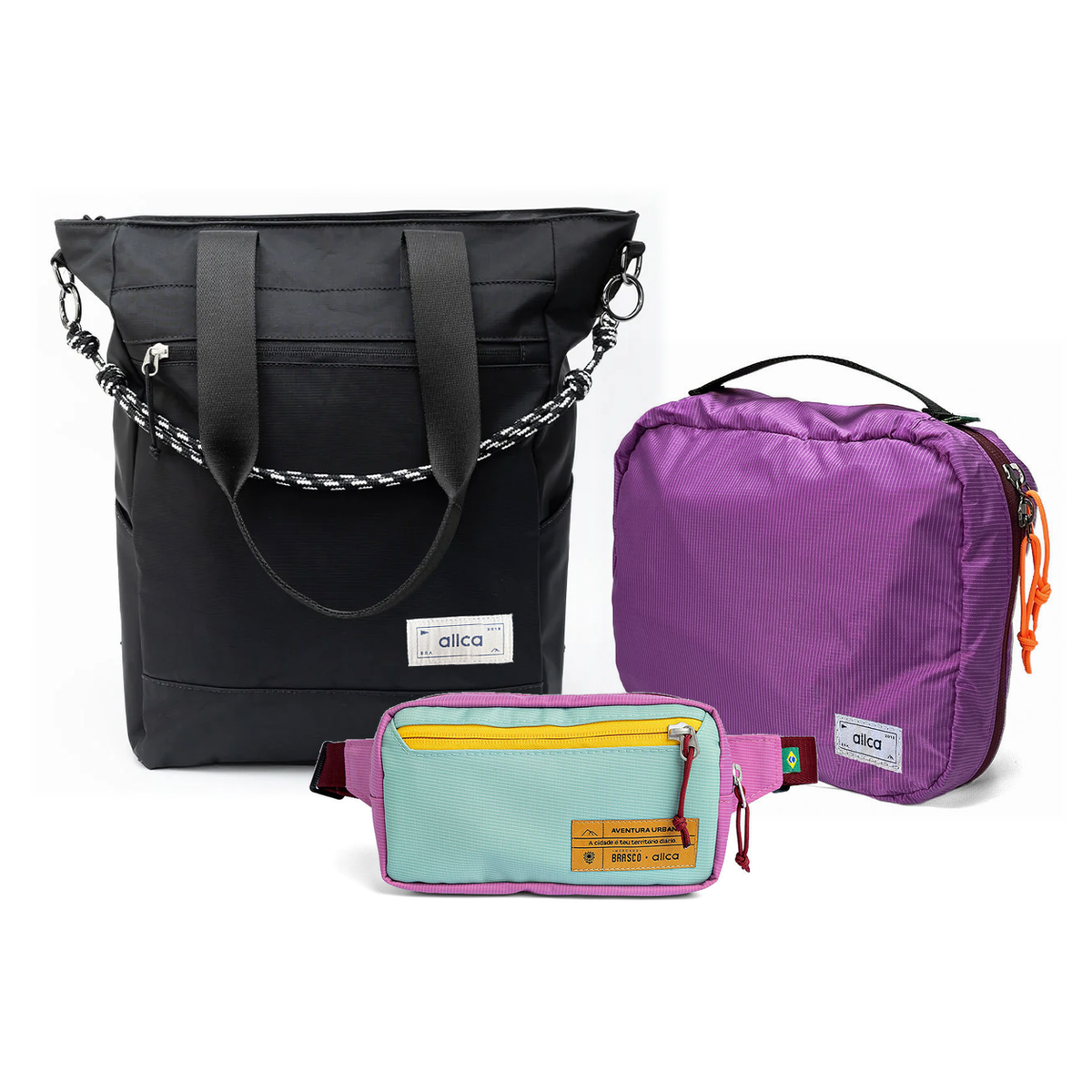 Kit Aerolook - Tote Eclipse + Pochete Brasco, Preto Infinito e Azul Respiro, Nécessaire Hotel Roxa da Allcatrazes
