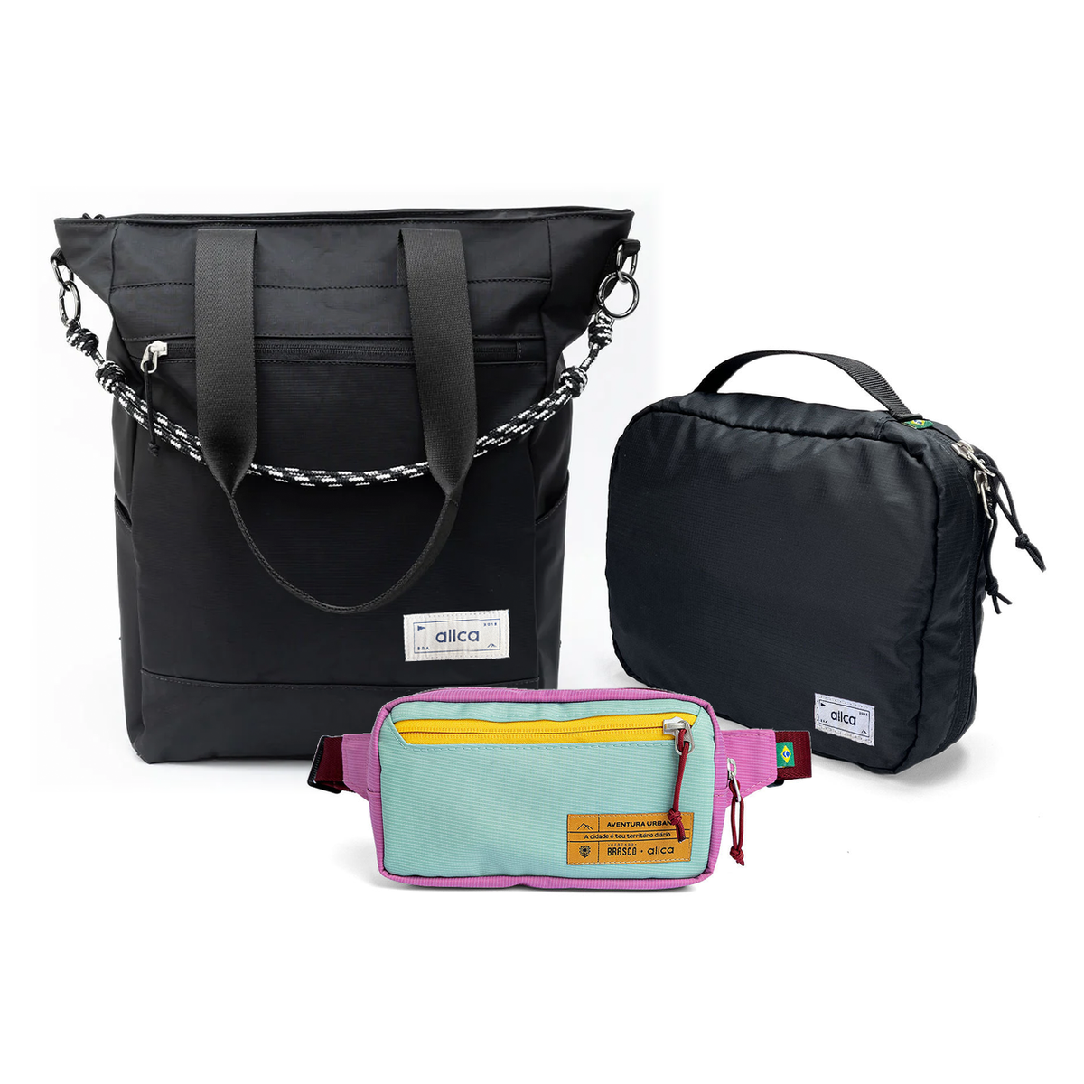 Kit Aerolook com Tote Eclipse e Pochete Brasco, Preto Infinito e Azul Respiro, com Nécessaire Hotel preta da Allcatrazes
