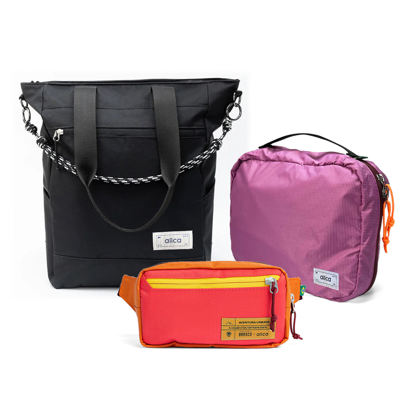 Kit Aerolook - Tote Eclipse + Pochete Brasco, Preto Infinito e Coral Esquina, Nécessaire Hotel Rosa da Allcatrazes
