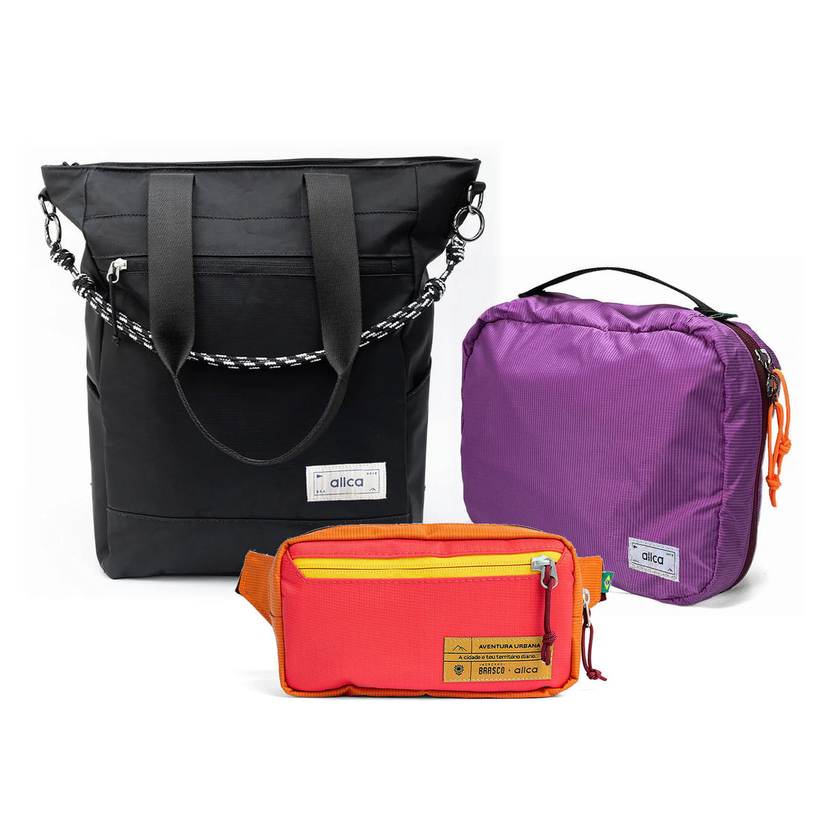 Kit Aerolook - Tote Eclipse + Pochete Brasco, Preto Infinito e Coral Esquina, Nécessaire Hotel Roxa da Allcatrazes