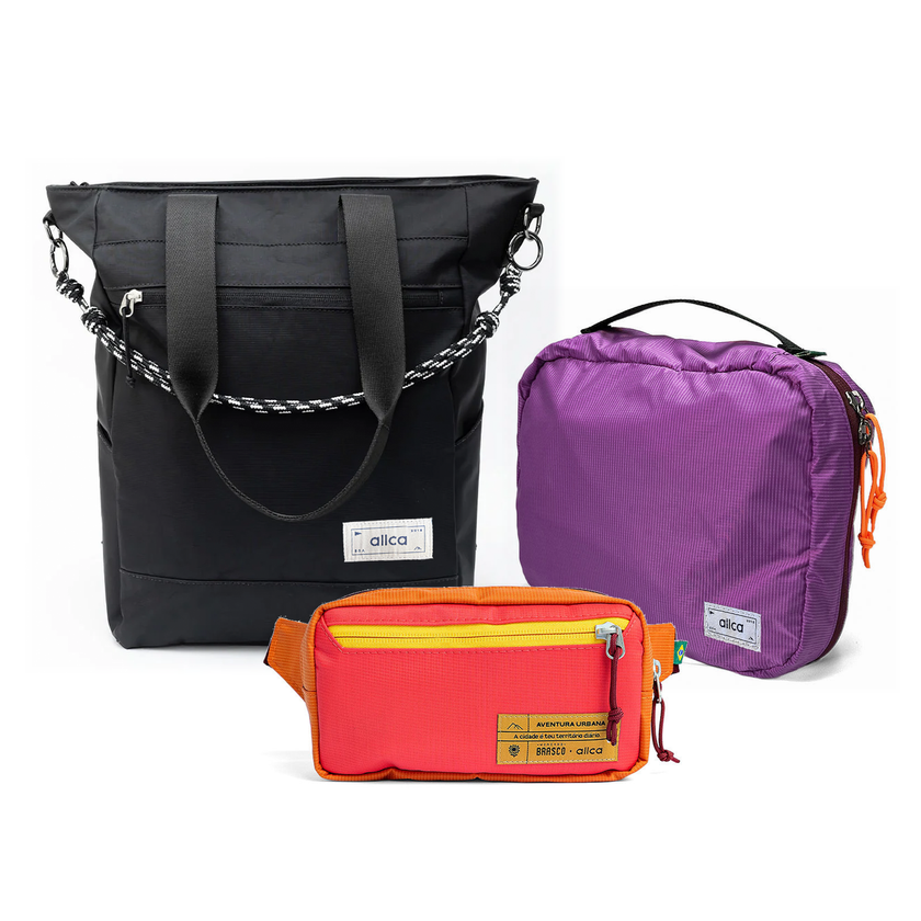 Kit Aerolook - Tote Eclipse + Pochete Brasco, Preto Infinito e Coral Esquina, Nécessaire Hotel Roxa da Allcatrazes