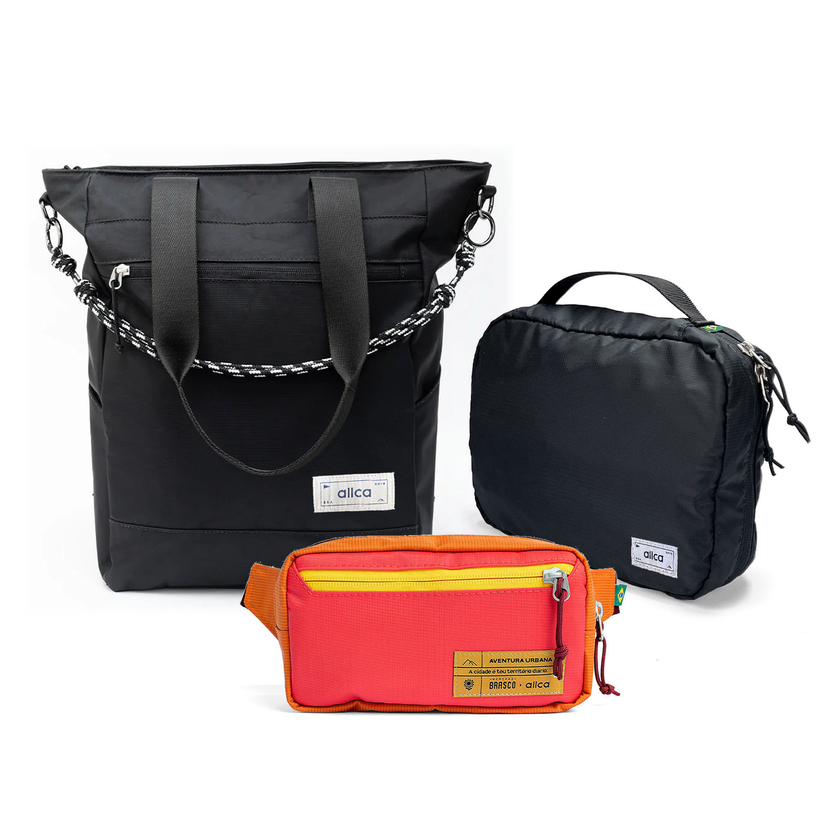 Kit Aerolook com Tote Eclipse e Pochete Brasco, Preto Infinito e Coral Esquina, com Nécessaire Hotel preta da Allcatrazes