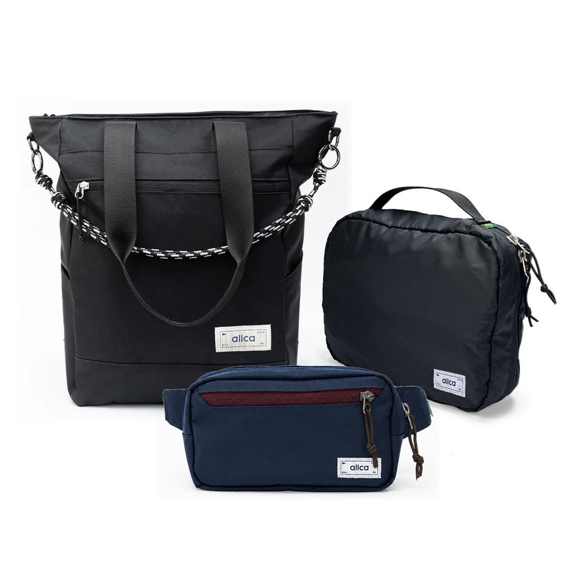 Kit Aerolook com Tote Eclipse e Pochete Minuano, Preto Infinito e Azul Aurora, com Nécessaire Hotel preta da Allcatrazes