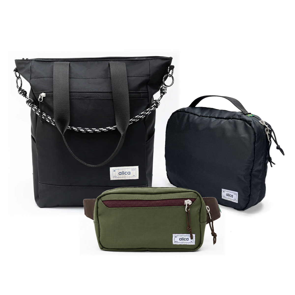 Kit Aerolook com Tote Eclipse e Pochete Minuano, Preto Infinito e Verde Araucária, com Nécessaire Hotel preta da Allcatrazes