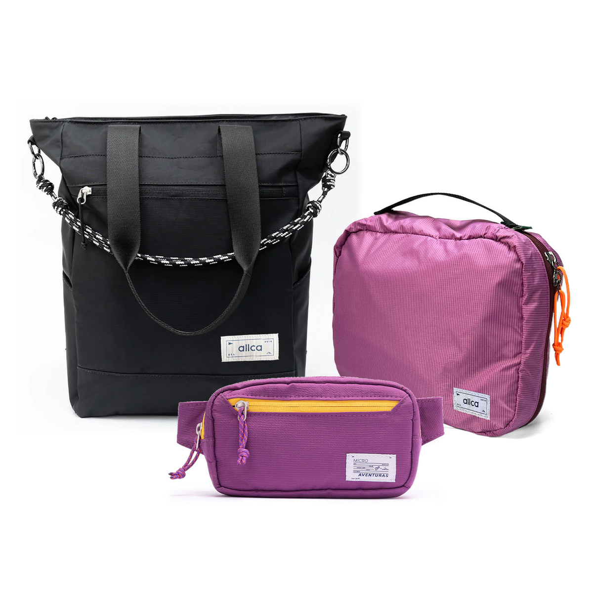 Kit Aerolook - Tote Eclipse + Pochete The Summer Hunter, Preto Infinito e Roxo Viagem, Nécessaire Hotel Rosa da Allcatrazes