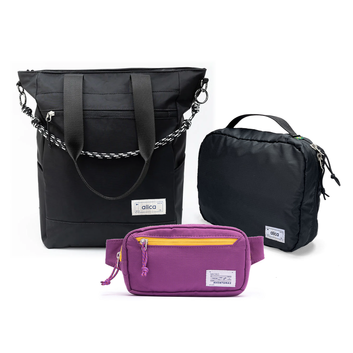 Kit Aerolook com Tote Eclipse e Pochete The Summer Hunter, Preto Infinito e Roxo Viagem, com Nécessaire Hotel preta da Allcatrazes