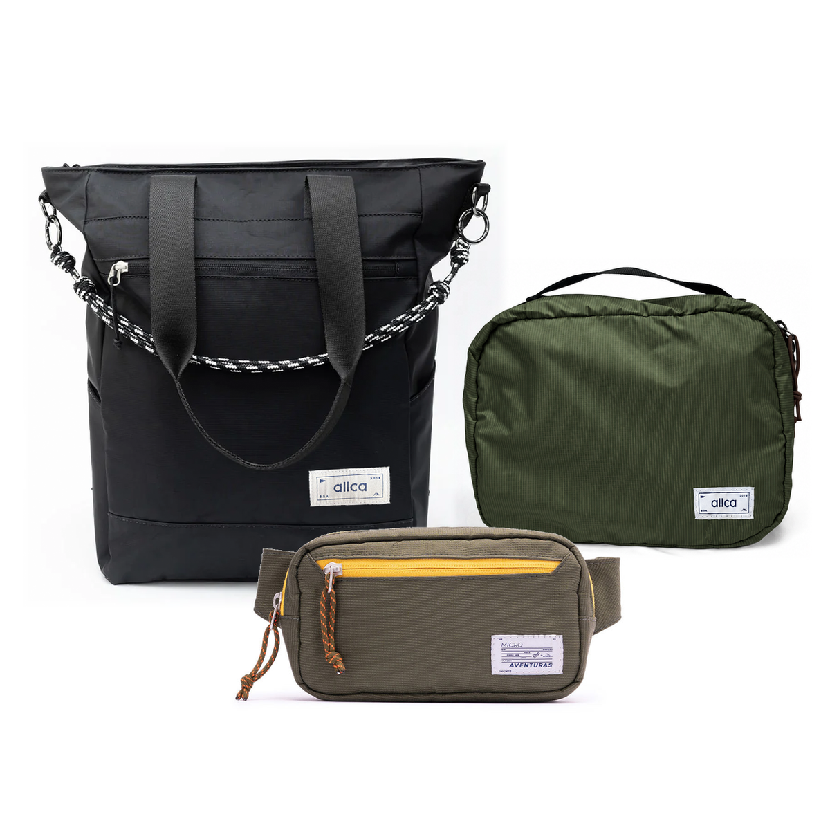 Kit Aerolook - Tote Eclipse + Pochete The Summer Hunter, Preto Infinito e Verde Cachoeira, Nécessaire Hotel Verde Araucária da Allcatrazes