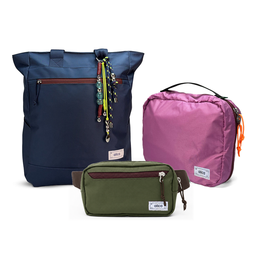 Kit Aerolook Minuano com Tote Azul Aurora com charm, Pochete Verde Araucária e Nécessaire Hotel Rosa da Allcatrazes