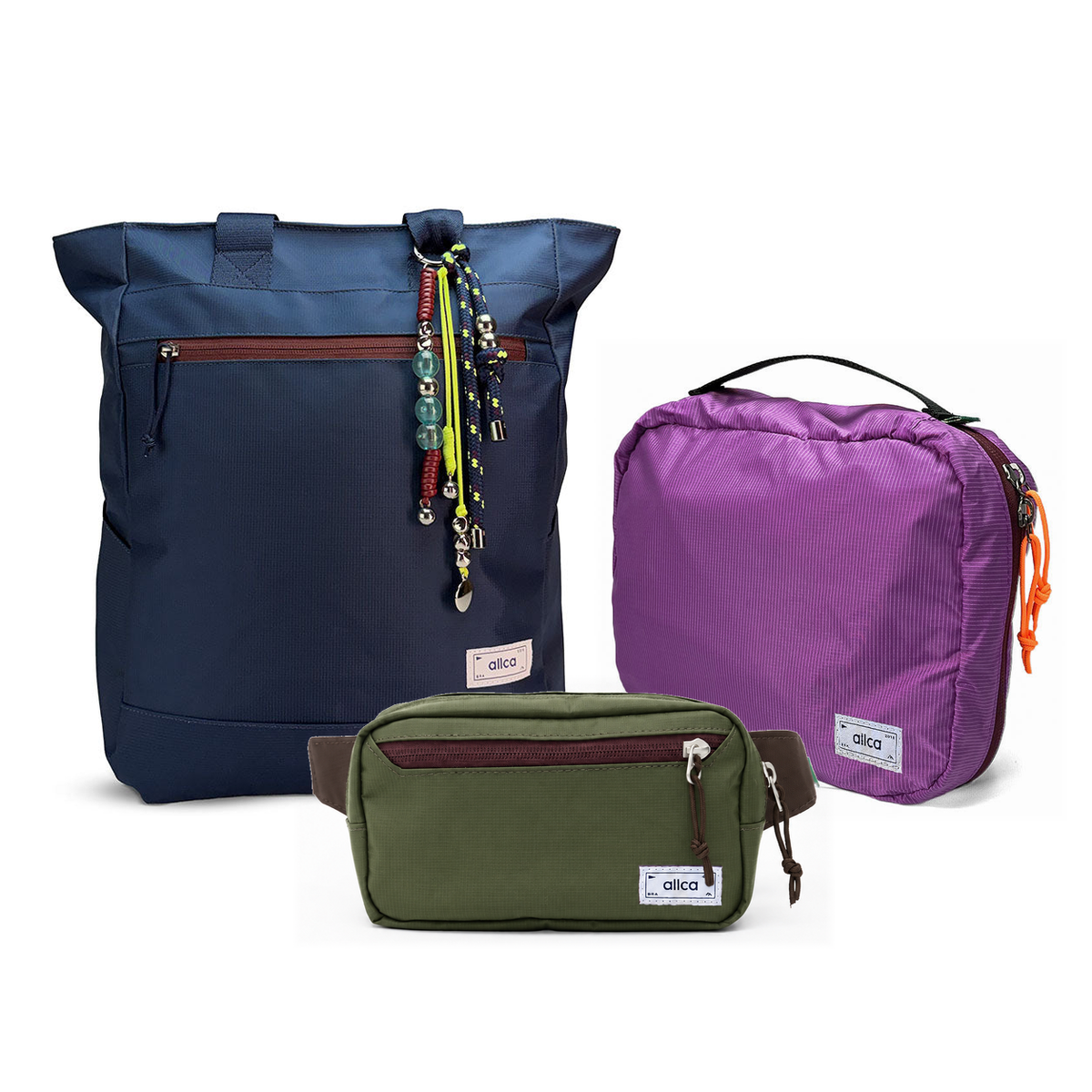 Kit Aerolook Minuano com Tote Azul Aurora com charm, Pochete Verde Araucária e Nécessaire Hotel Roxa da Allcatrazes