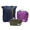Kit Aerolook Minuano com Tote Azul Aurora com charm, Pochete Verde Araucária e Nécessaire Hotel Roxa da Allcatrazes