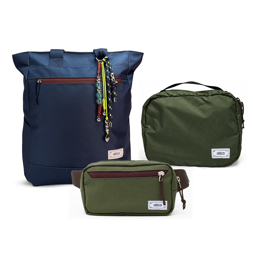 Kit Aerolook Minuano com Tote Azul Aurora com charm, Pochete Verde Araucária e Nécessaire Hotel Verde Araucária da Allcatrazes