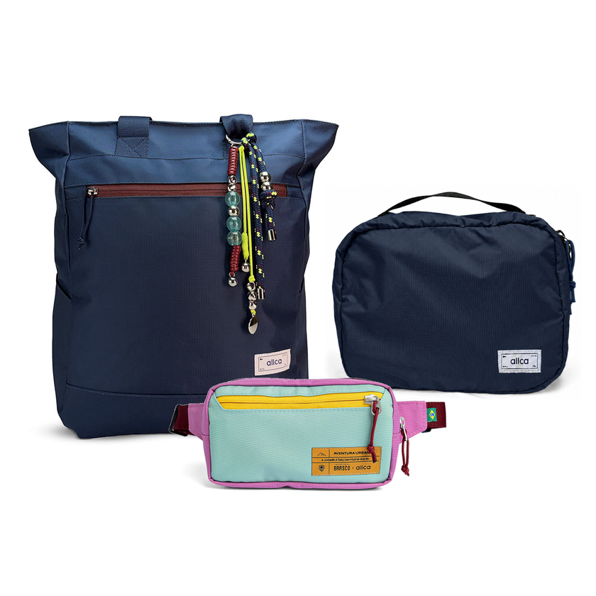Kit Aerolook - Tote Minuano + Pochete Brasco, Azul Aurora e Azul Respiro, Nécessaire Hotel Azul Aurora da Allcatrazes