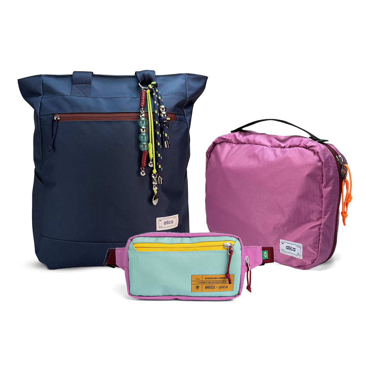 Kit Aerolook - Tote Minuano + Pochete Brasco, Azul Aurora e Azul Respiro, Nécessaire Hotel Rosa da Allcatrazes